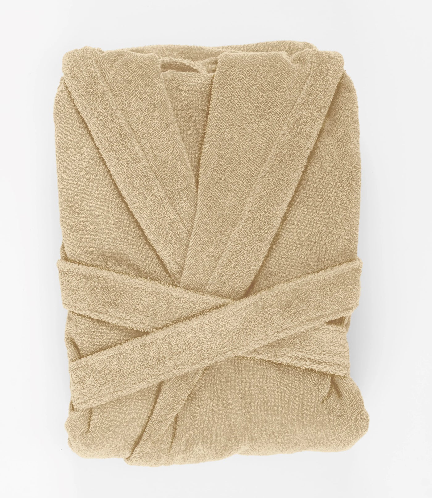 Abyss Habidecor Alex robe folded flat, showing lapels and tied belt in sand terry.