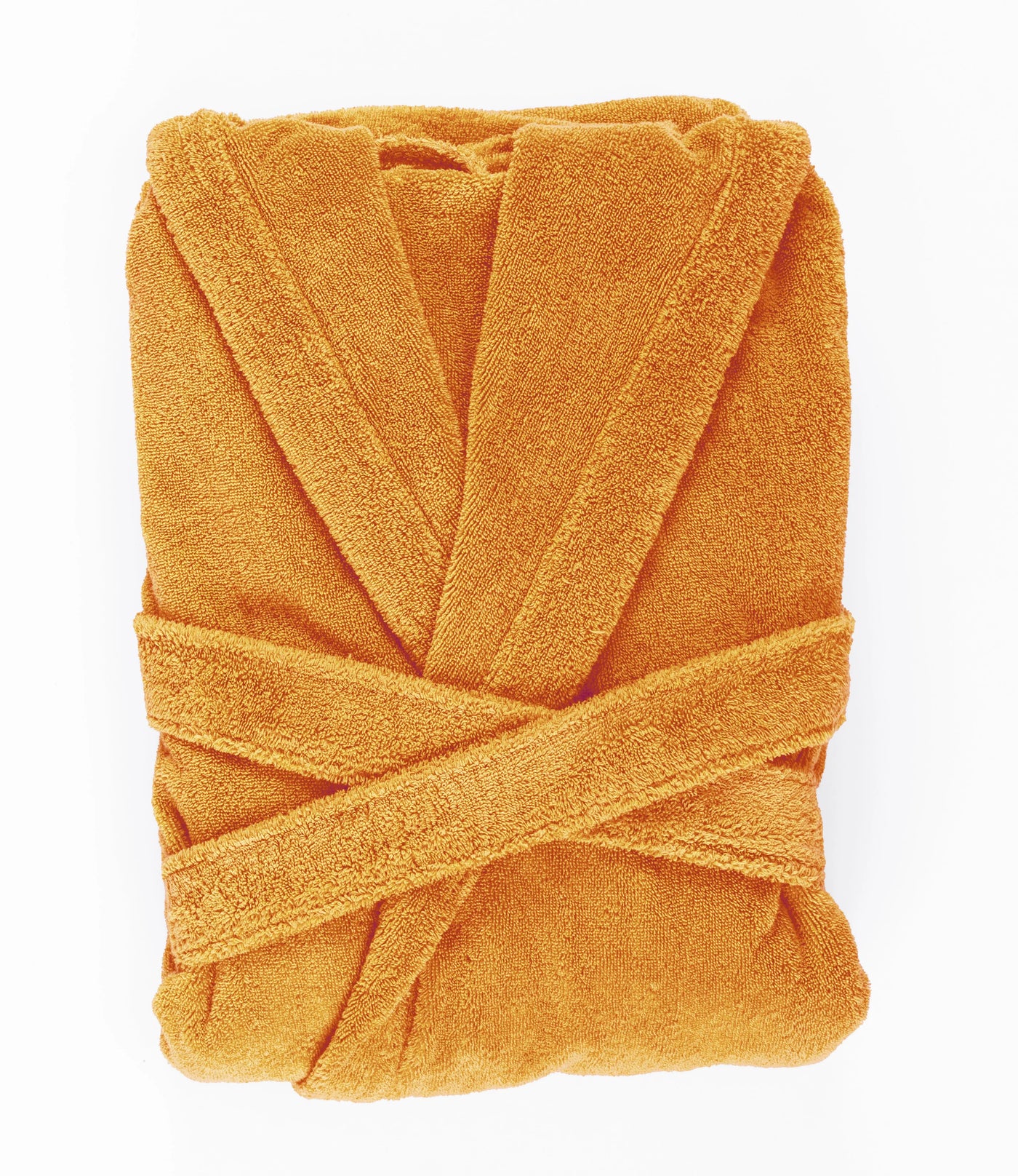 Saffron terry cloth robe folded flat, showing shawl collar and crossed belt.