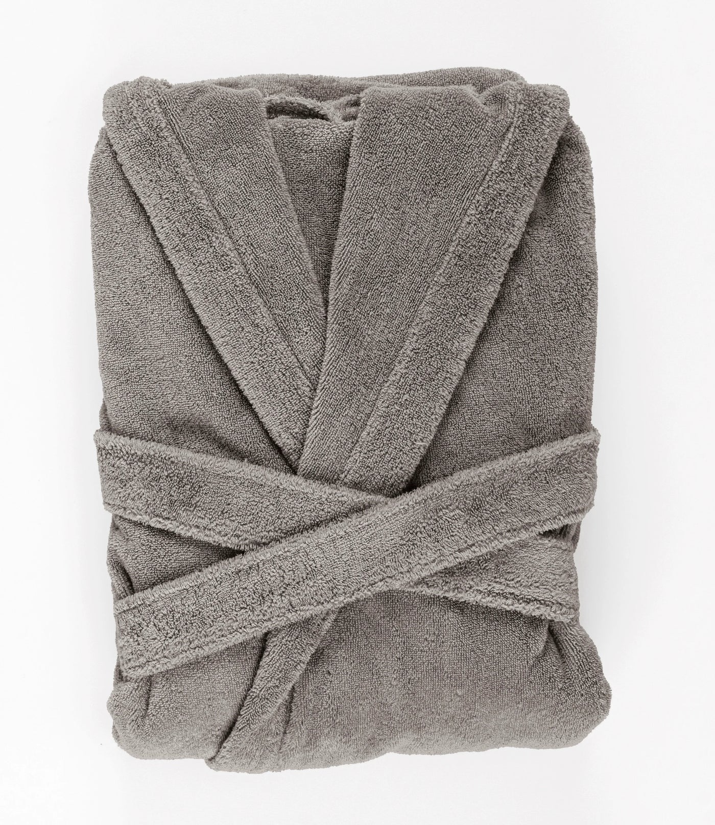 Abyss Habidecor Alex robe folded flat, showing slate terry fabric and crossed belt.
