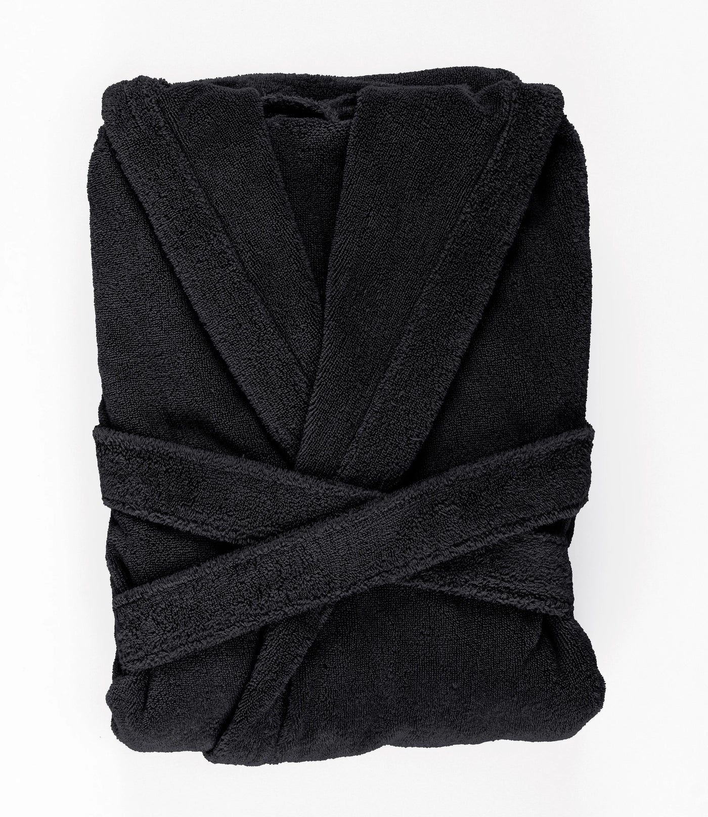 Close-up of folded Abyss Habidecor Alex robe in onyx terry cotton, belt crossed at front.