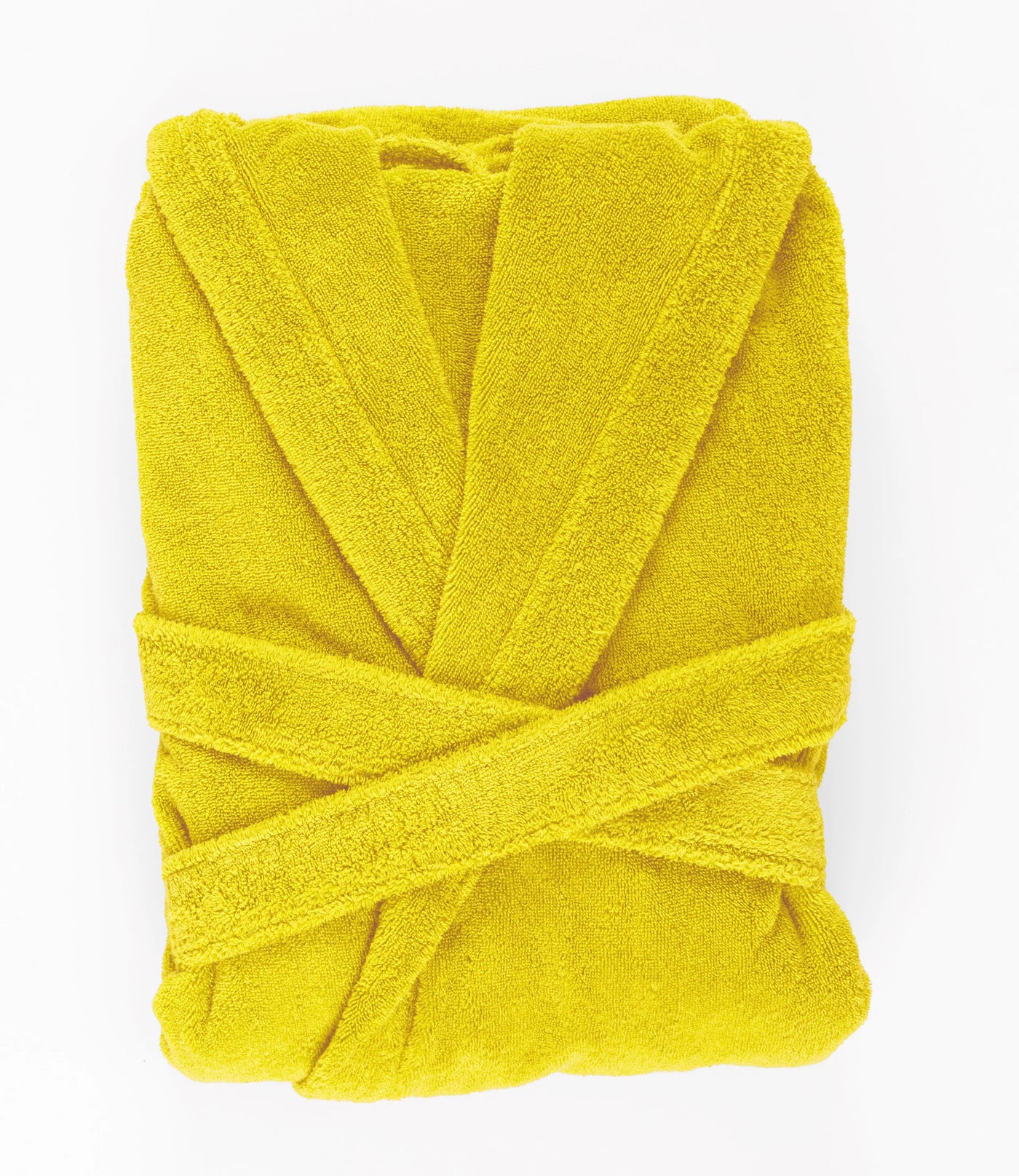 Folded citrine terry cotton robe with crossed belt, overhead flat lay view.