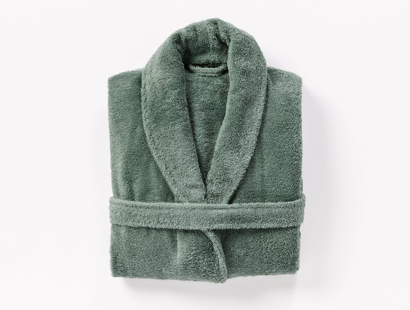 Coyuchi Cloud Loom robe in sage green, folded flat view showing shawl collar and belt.