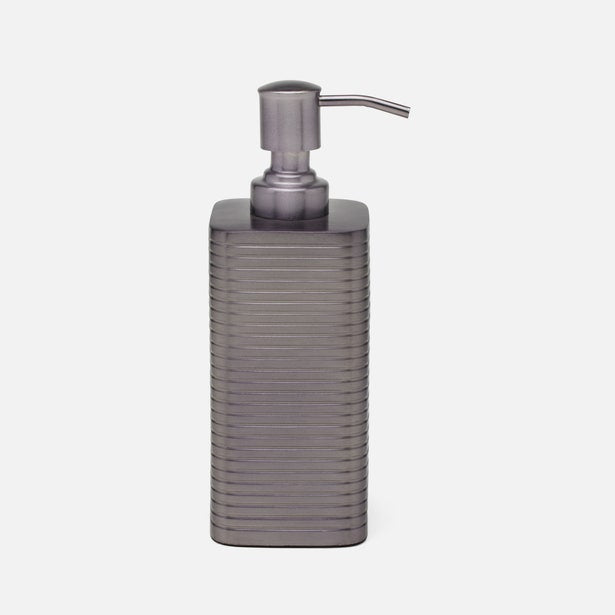 Pigeon & Poodle Adelaide soap pump in smoke grey with ribbed texture and metal dispenser.
