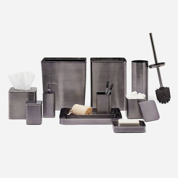 Pigeon & Poodle Adelaide ribbed graphite bath accessory collection styled together.
