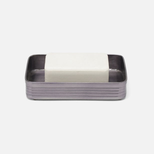 Pigeon & Poodle Adelaide soap dish in pewter with ridged exterior holding a bar of soap.