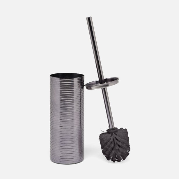 Pigeon & Poodle Adelaide toilet brush holder open, showing ribbed gunmetal canister and brush.