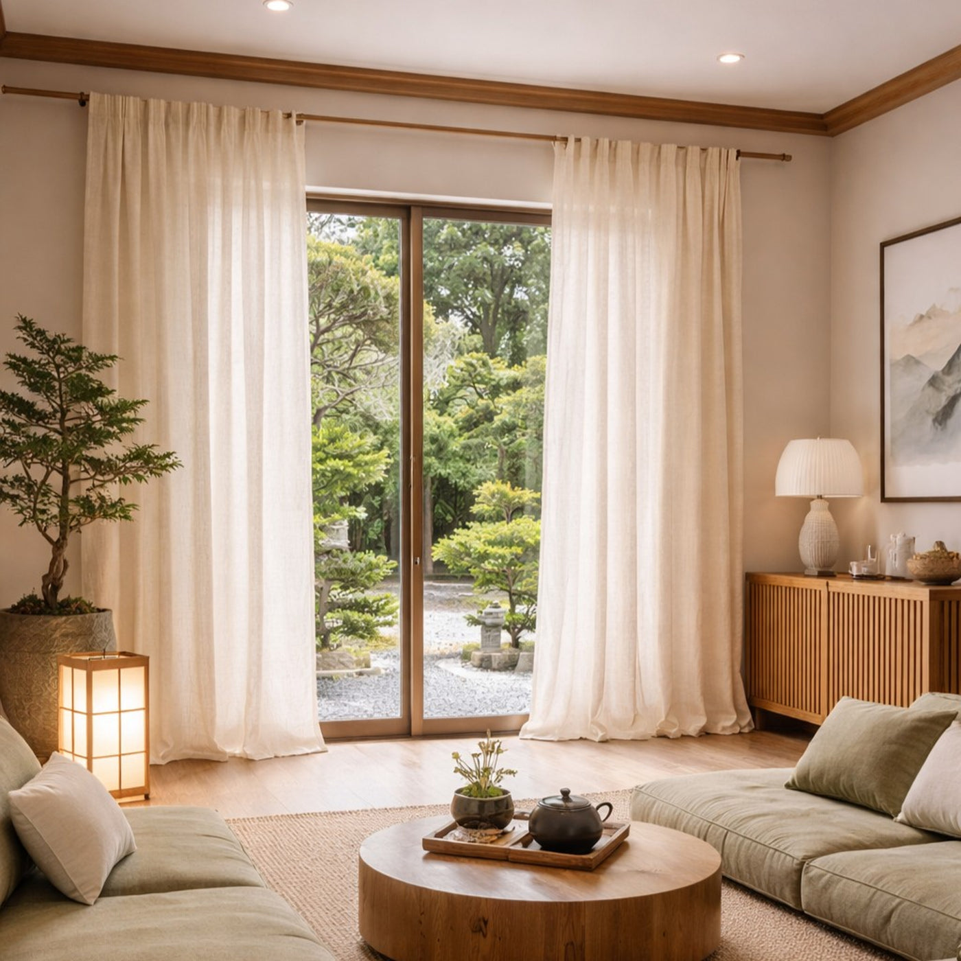 Ivory linen curtain panels in a Japanese-inspired living room with garden view.