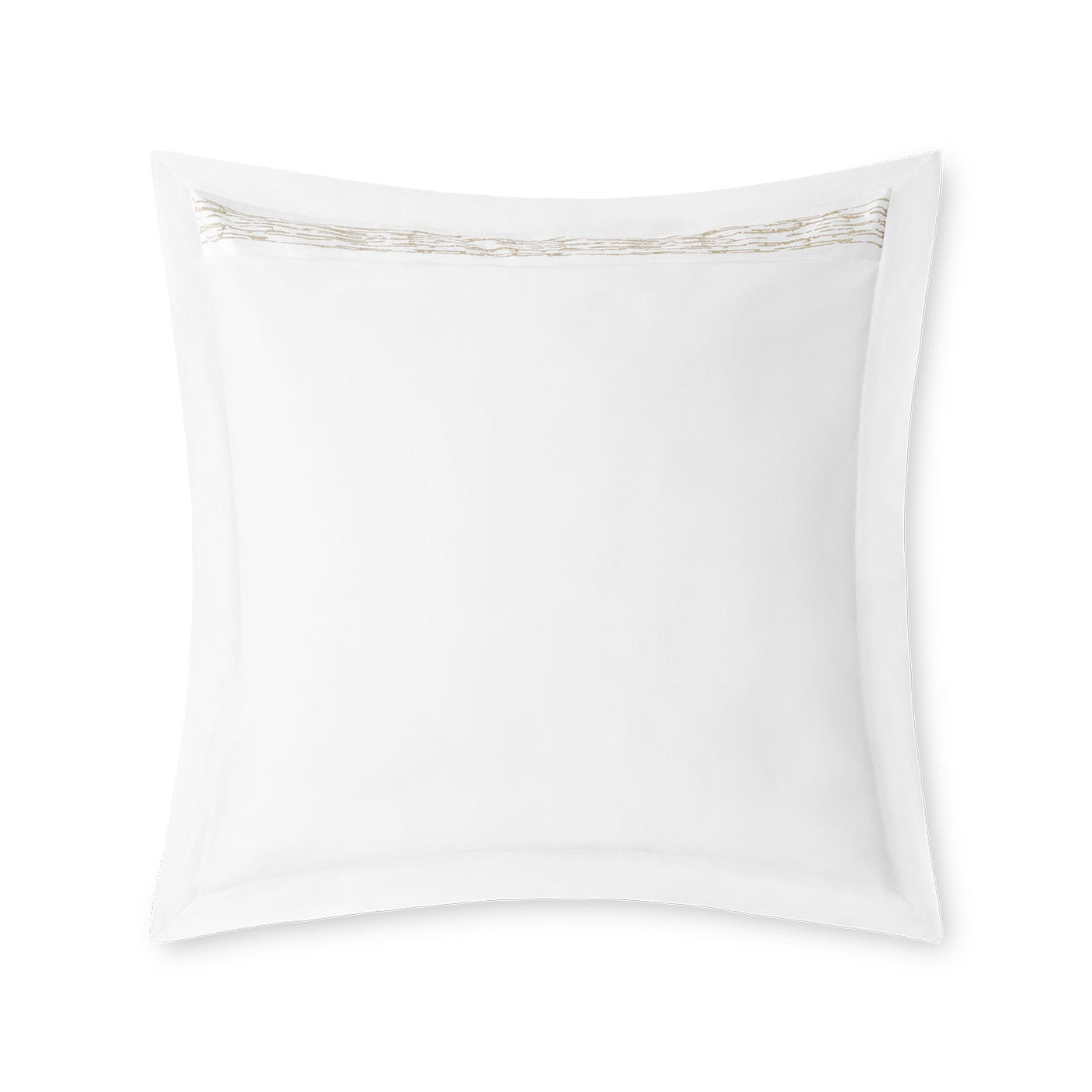 White euro sham with taupe embroidered chain-link border detail on mitered flange edge.