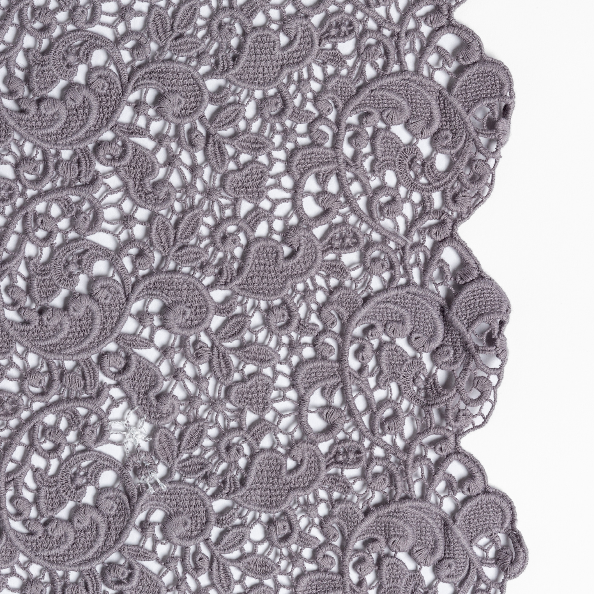 Close-up of French Lavender floral guipure lace edge on Bella Notte Allora bed scarf.