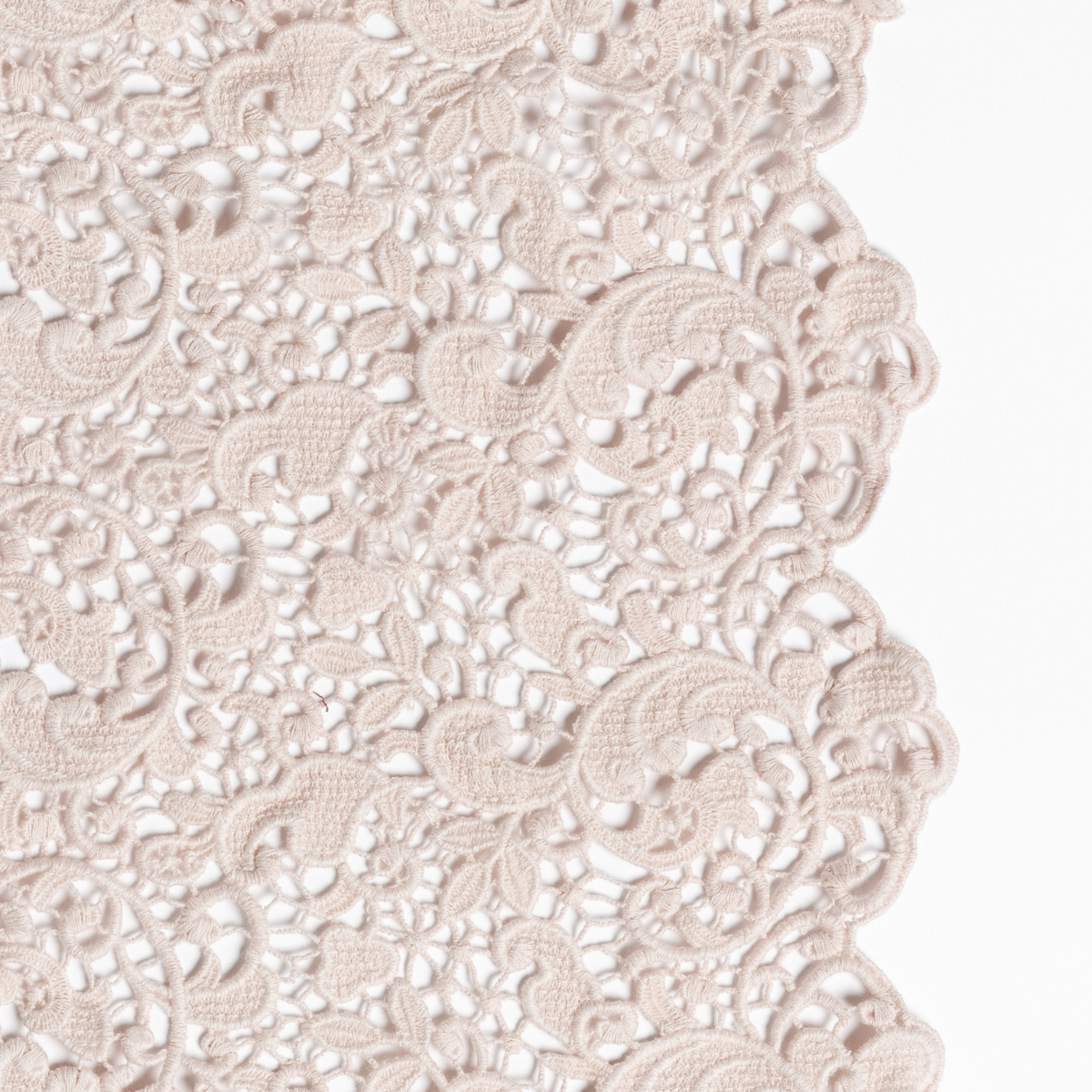 Close-up of Pearl Allora Lace pillowcase showing intricate floral lace detail and scalloped edge.