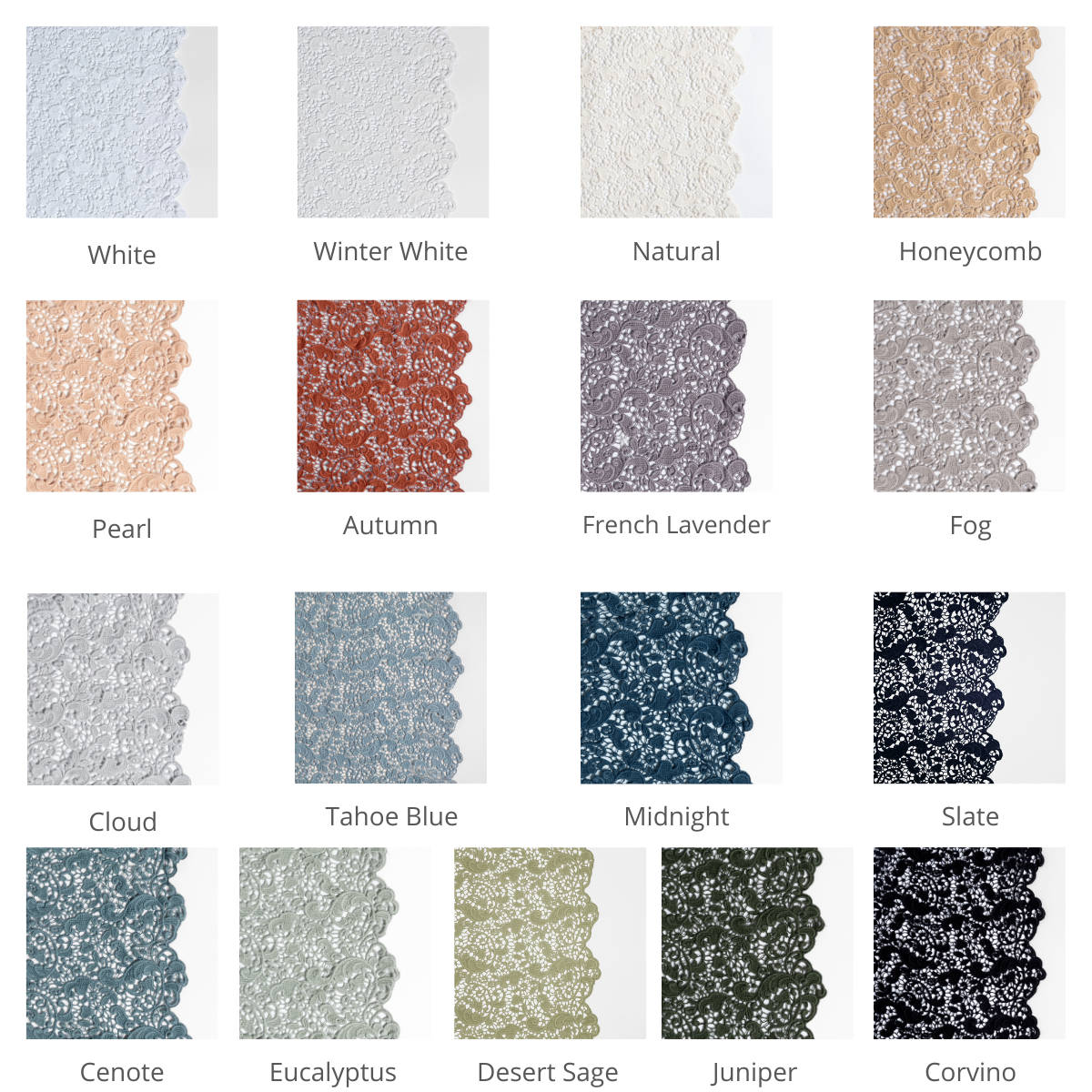 Allora Lace pillowcase shown in all seventeen Bella Notte colorways.