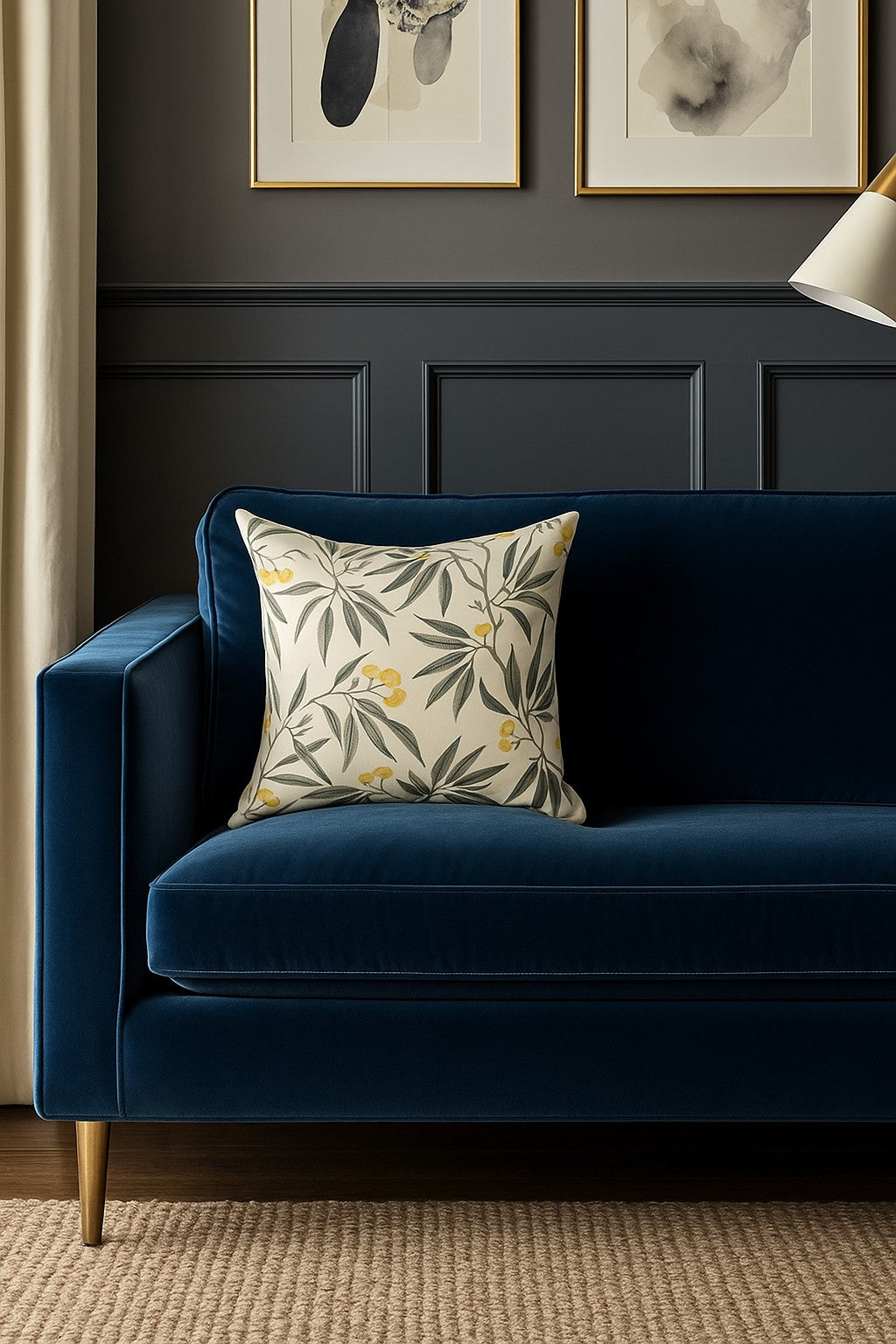 Ivory cushion with grey botanical leaf and yellow floral print, styled on a navy velvet sofa.