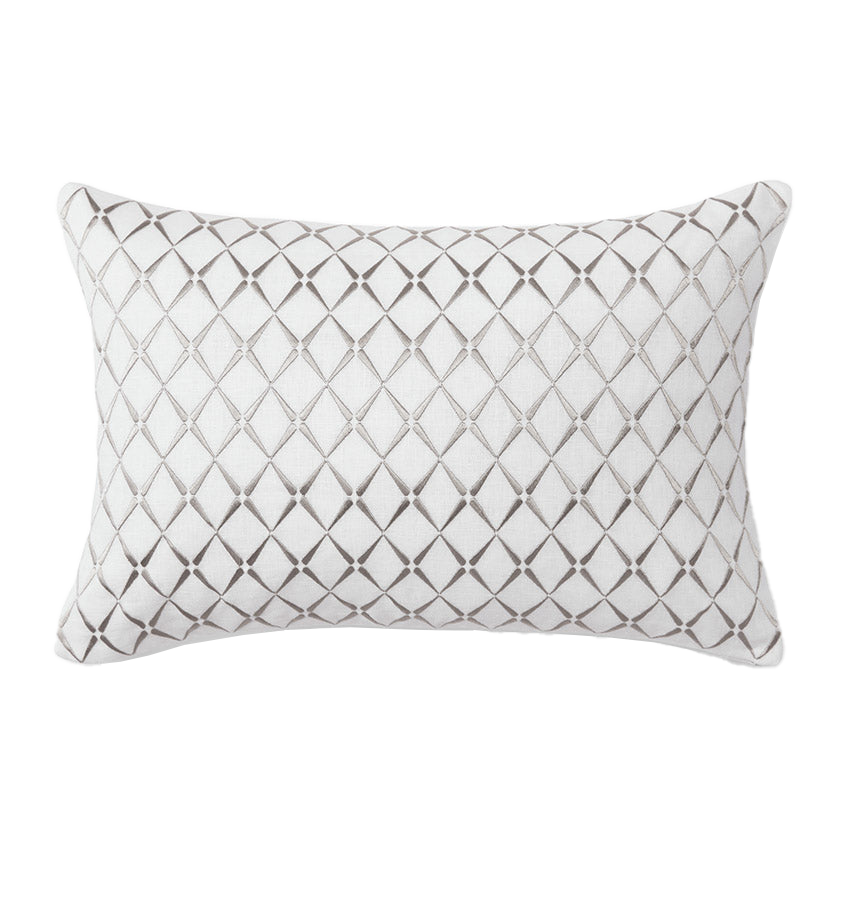Sferra Amaro ivory linen decorative pillow with silver geometric lattice embroidery.