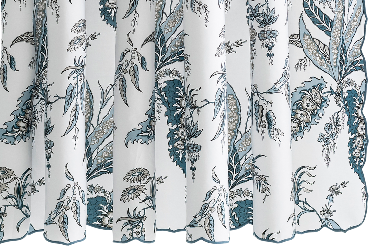 Set of floral-patterned curtains with blue and green design on a white background