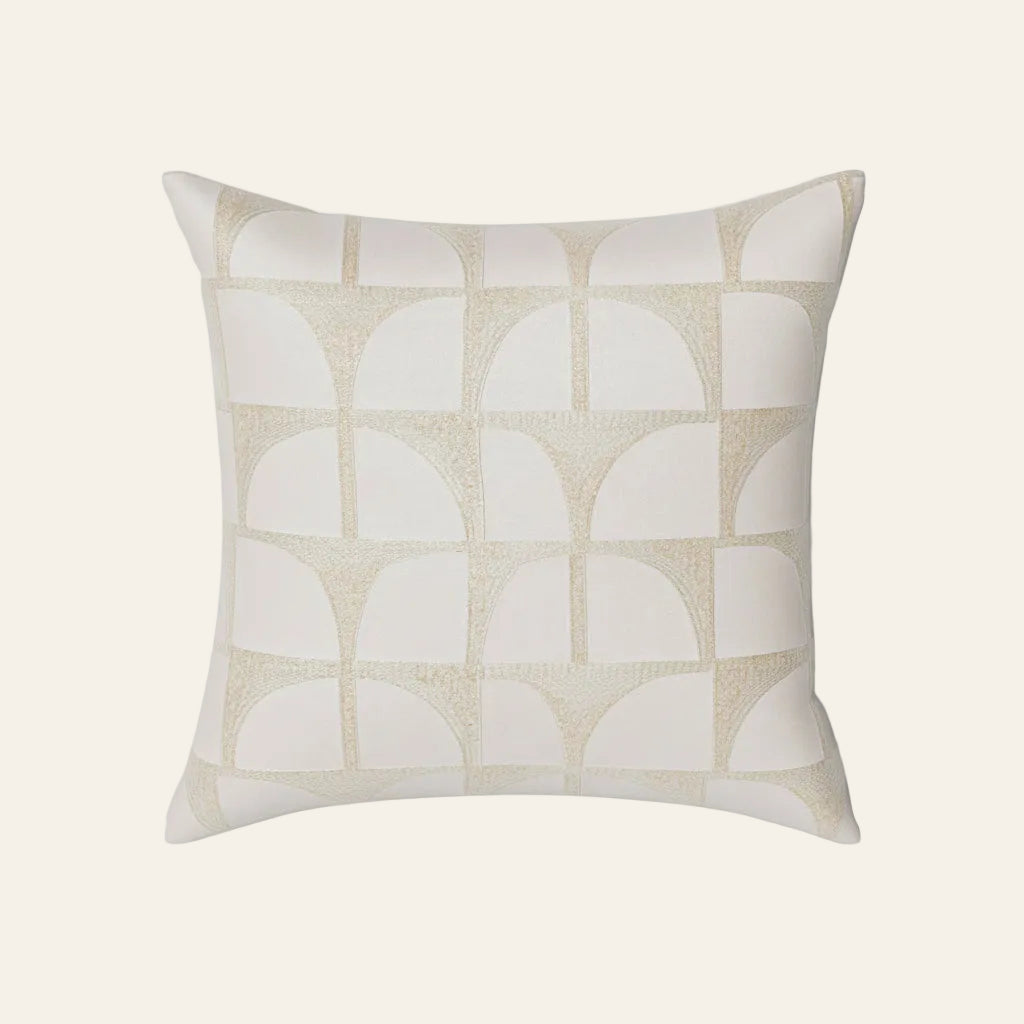Ann Gish Arches pillow in ivory with champagne embroidered geometric arch pattern.