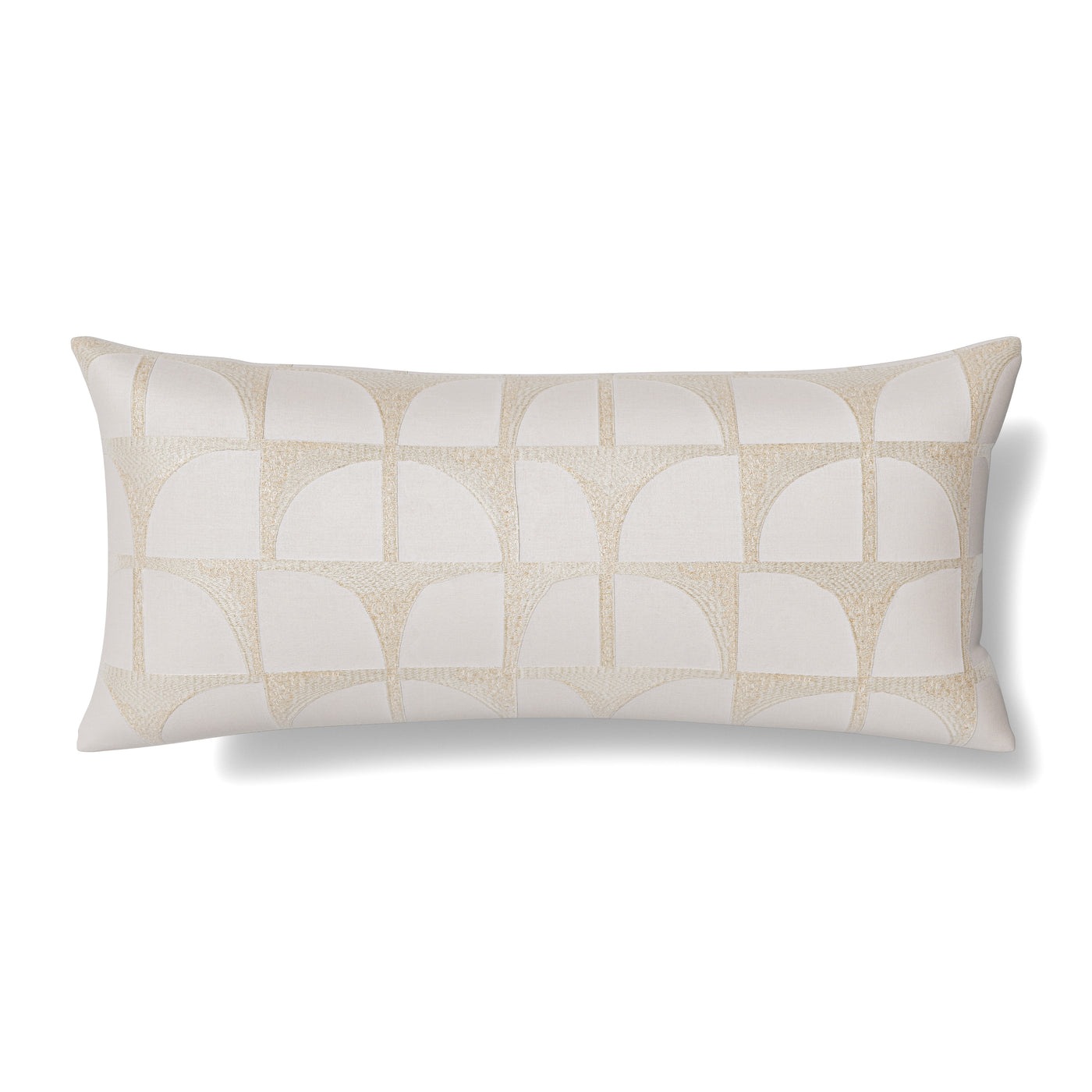 Ann Gish Arches lumbar pillow in ivory with champagne embroidered arch grid pattern.