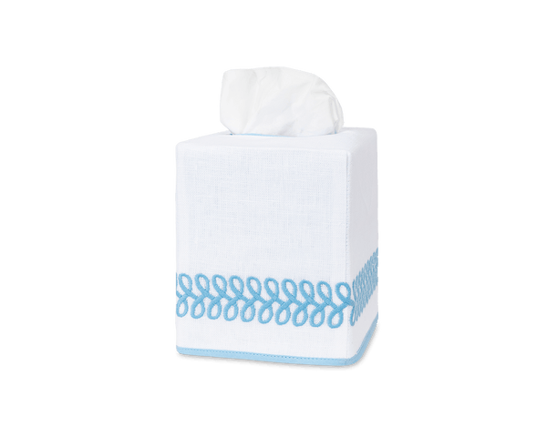 Photo of the Astor Braid | Embroidered Linen Tissue Box Cover ensemble.