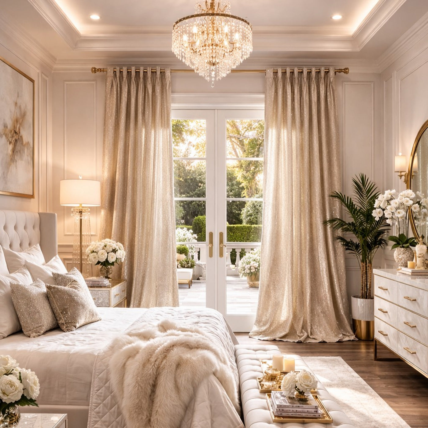 Ivory and gold Ann Gish Aura curtain panels styled floor-to-ceiling in an elegant champagne bedroom.
