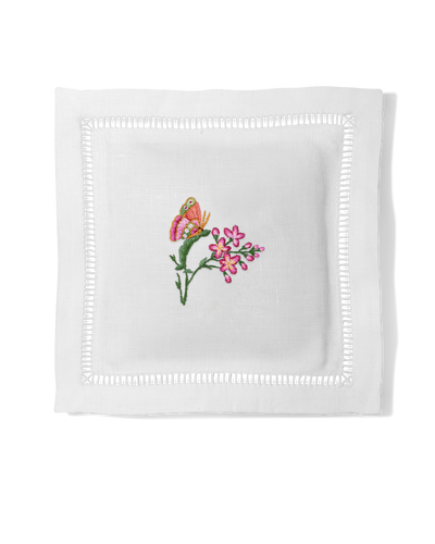Henry Handwork white linen sachet with embroidered pink butterfly and floral motif, hemstitch border.