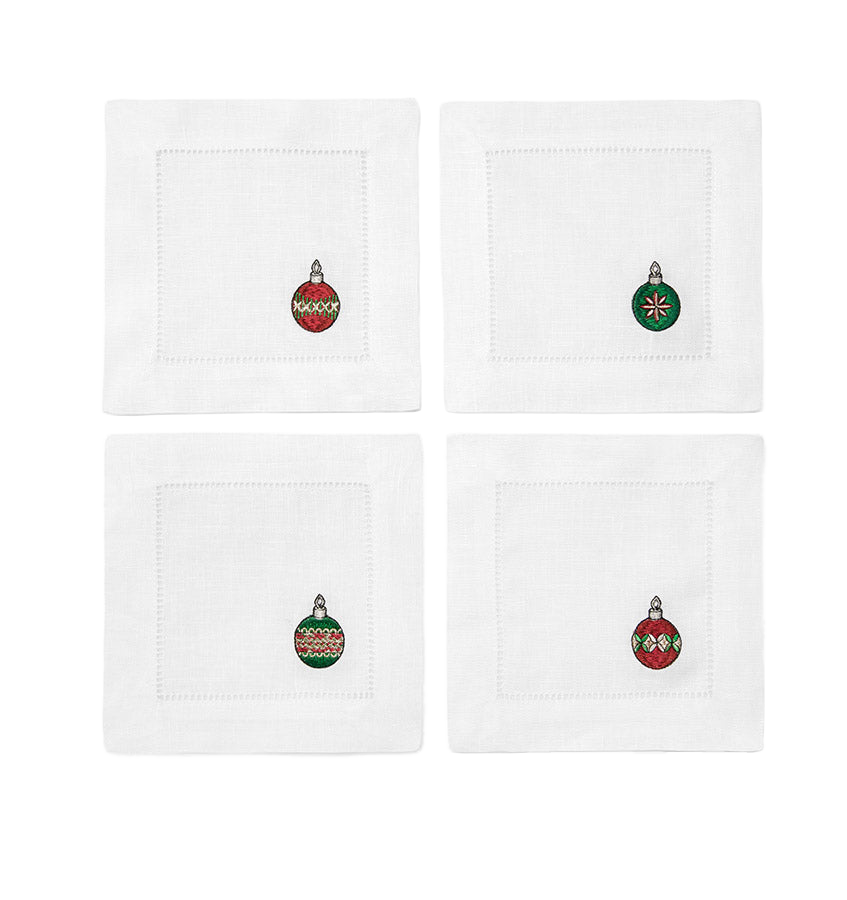 Sferra Bagattelle white linen cocktail napkins with embroidered Christmas ornaments, set of four.
