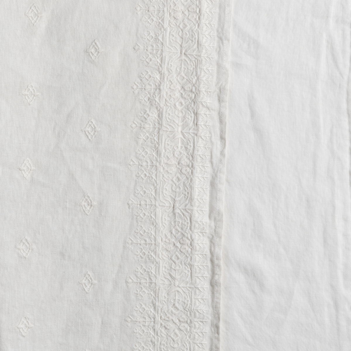 Close-up of Bella Notte Ines sham in Natural, showing embroidered lace trim detail on linen.