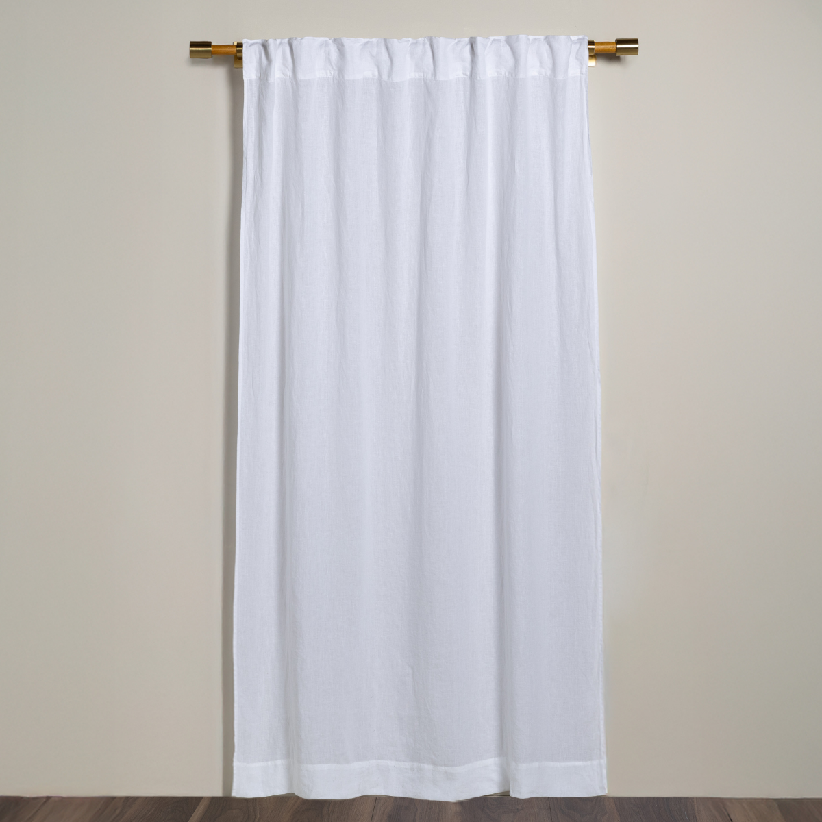Bella Notte Linen curtain panel in White, rod pocket header, hanging full length.