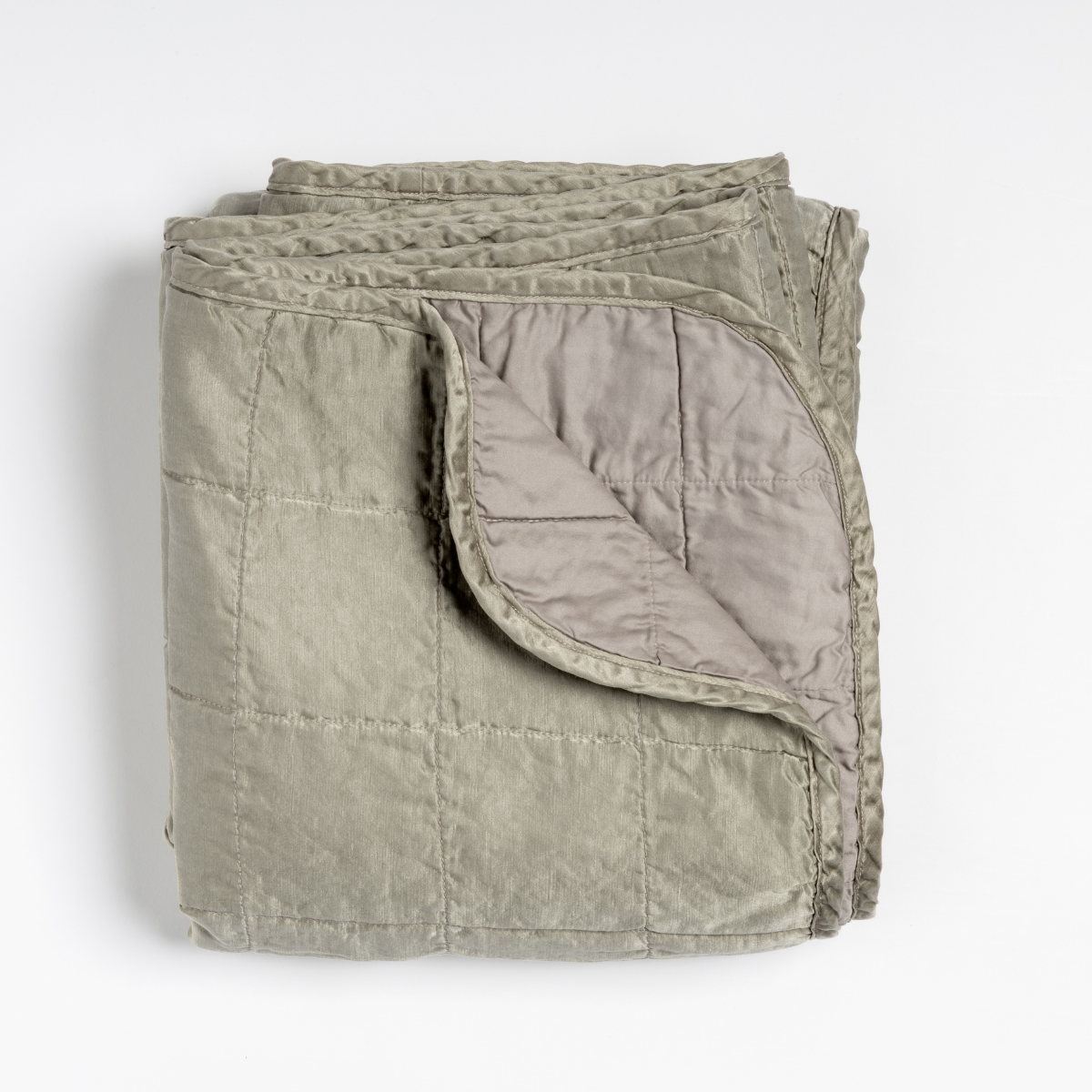Folded Fog Sel throw blanket with corner turned back revealing lighter satin reverse.
