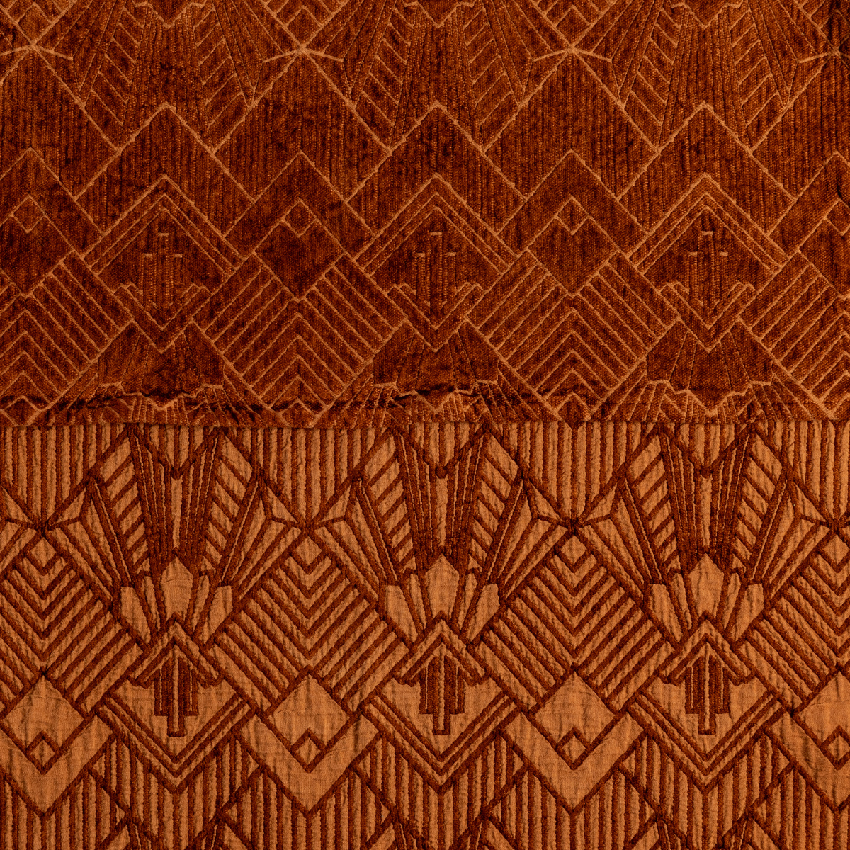 Close-up of Bella Notte Trettino bedspread in Autumn, showing Art Deco geometric velvet pattern.