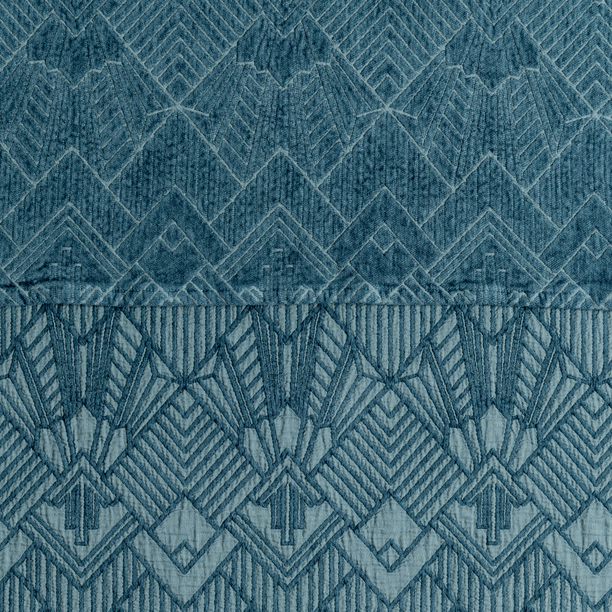 Close-up of Bella Notte Trettino sham in Cenote, showing geometric Art Deco embroidery detail.