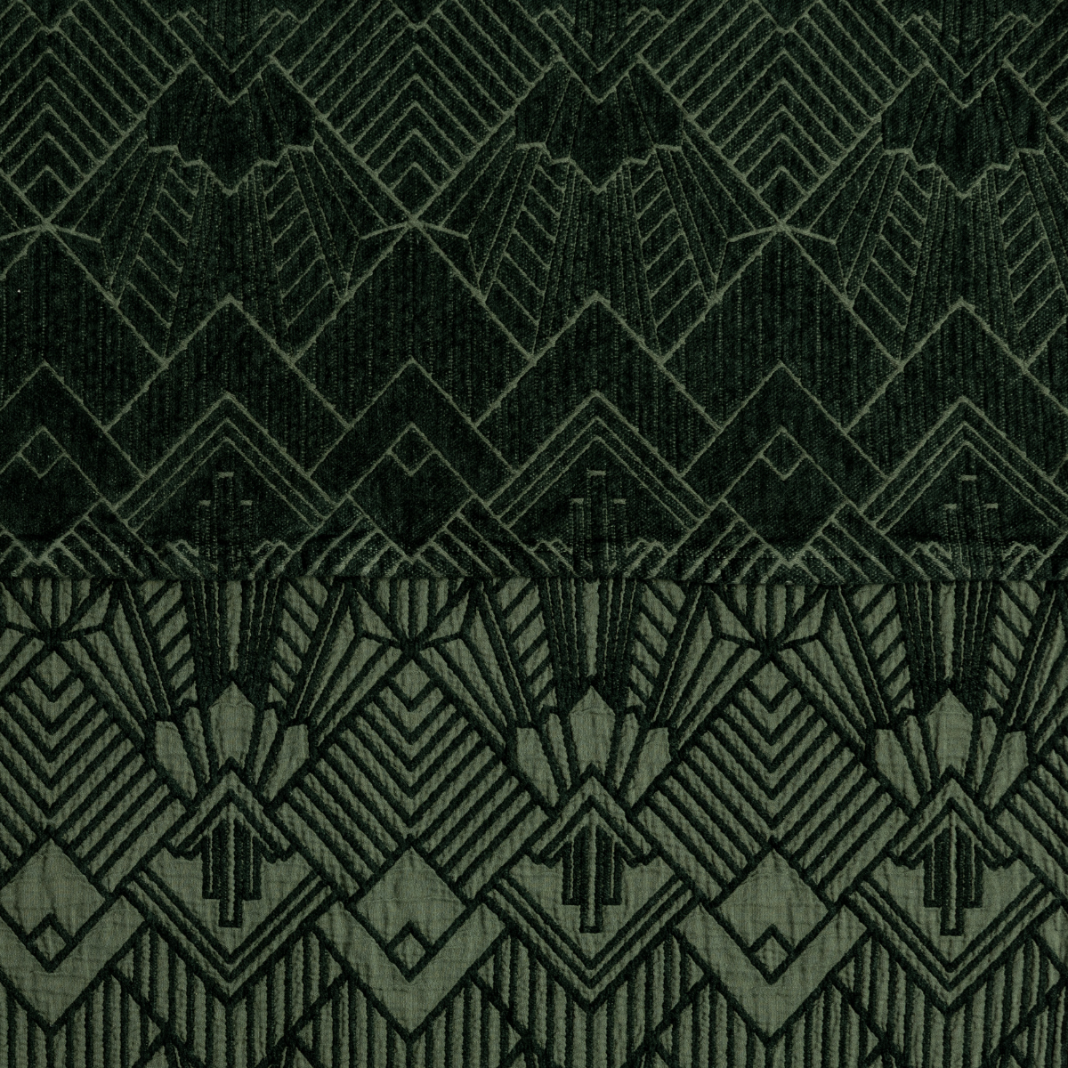 Close-up of Juniper Trettino sham showing Art Deco geometric pattern in two-tone velvet weave.