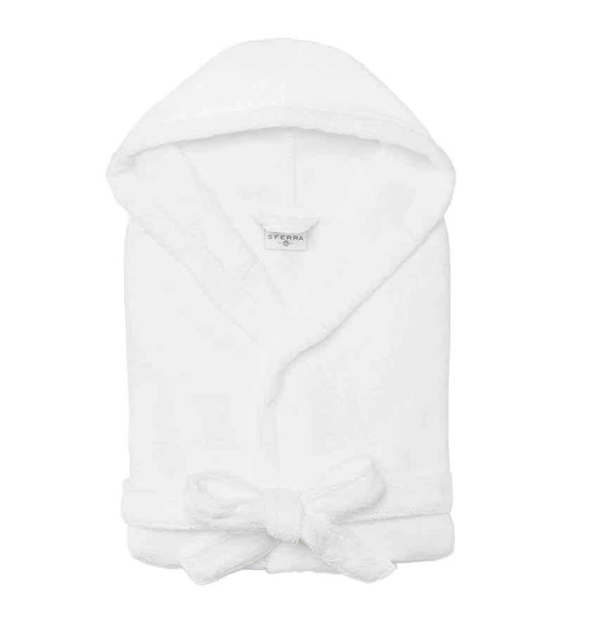 Sferra Bello Nuovo white hooded terry robe, folded flat with belt tied at front.