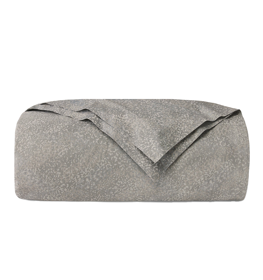 Sferra Bione duvet cover in grey with subtle floral jacquard pattern, neatly folded.