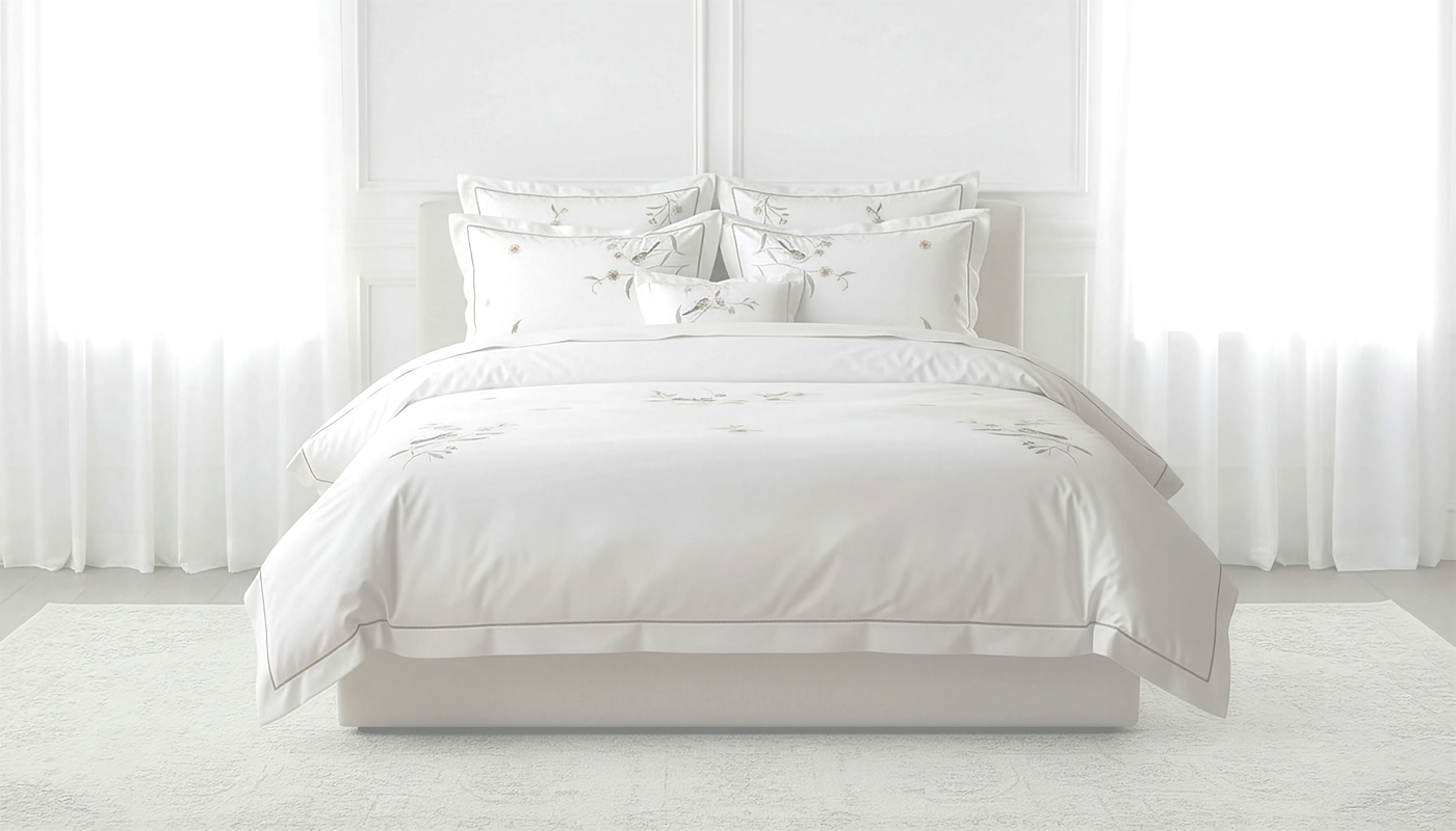 Henry Handwork Birdsong bedding collection in white with delicate embroidery on a styled bed.