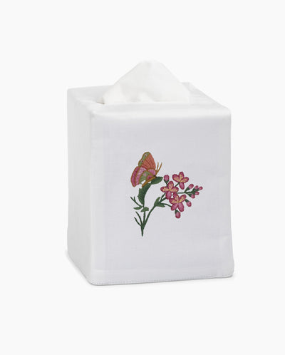 Henry Handwork white linen tissue box cover with embroidered butterfly and pink floral motif.