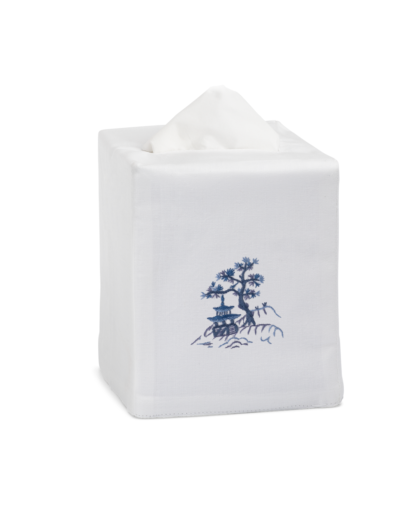 Henry Handwork Canton Blue white linen tissue box cover with navy pagoda embroidery.