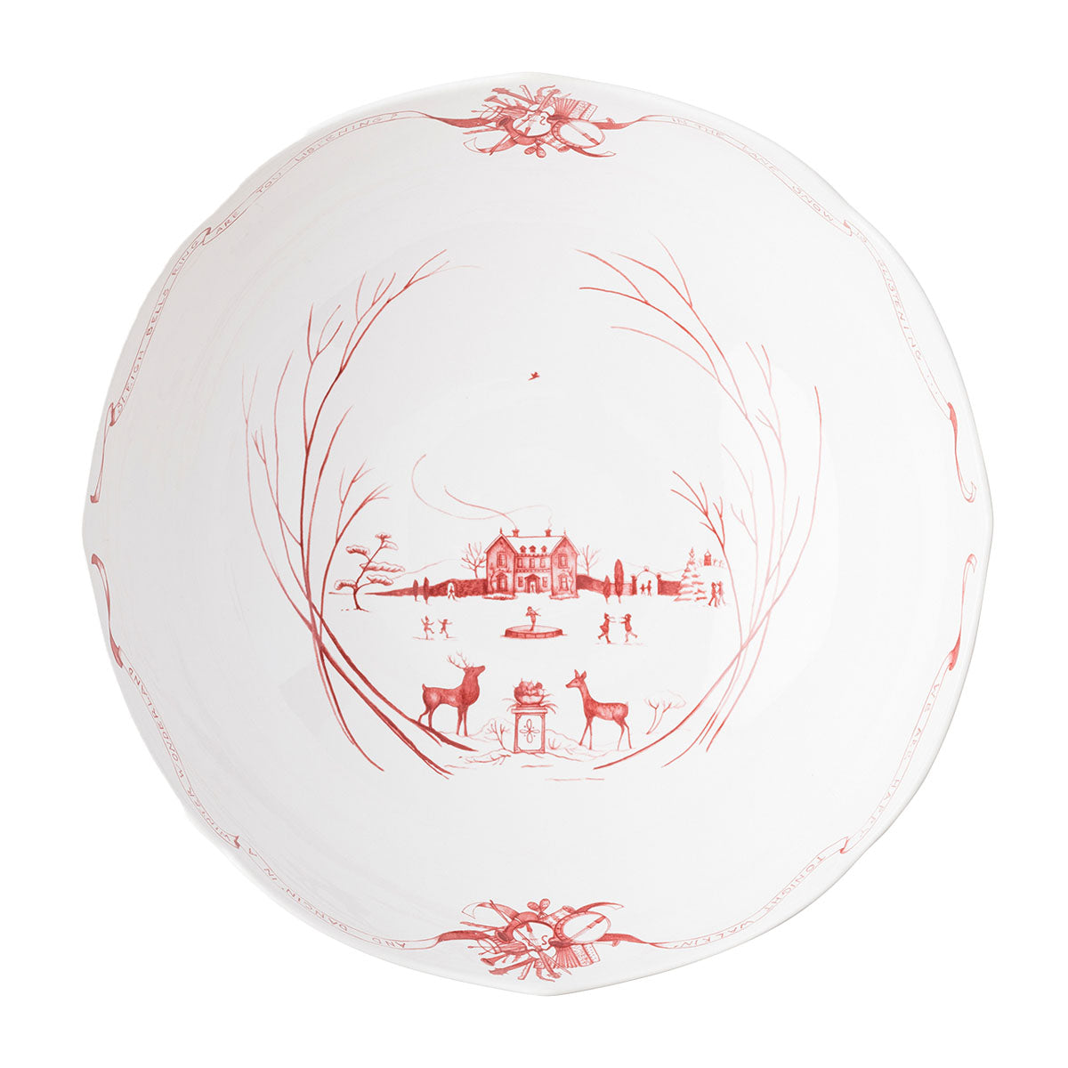 Inside of the ruby Winter Frolic centerpiece bowl with a garden party scene