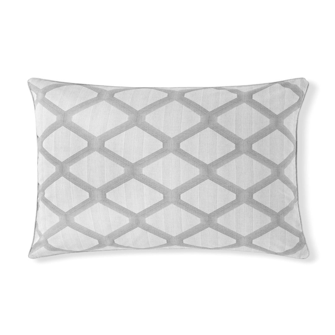 Amalia Home Collection Cidade pillow sham in white with silver geometric lattice pattern.