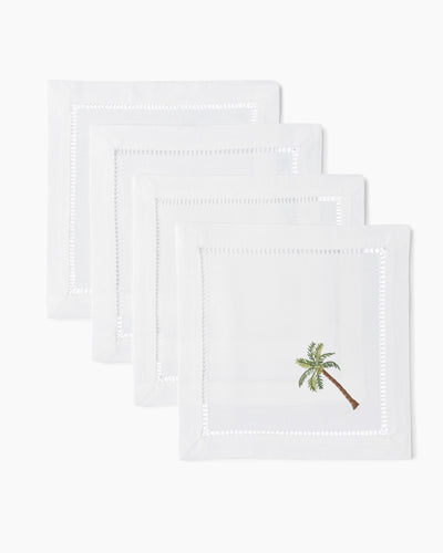 Henry Handwork white linen cocktail napkins with embroidered palm tree and hemstitch border, set of 4.