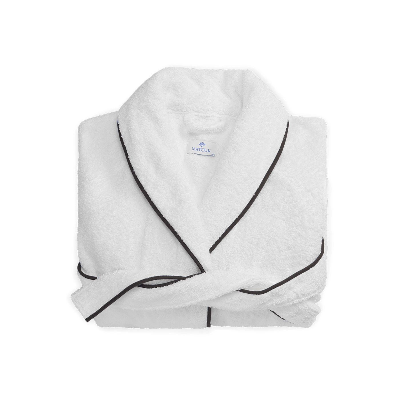 Folded white terry robe with charcoal piped trim along shawl collar and lapels.