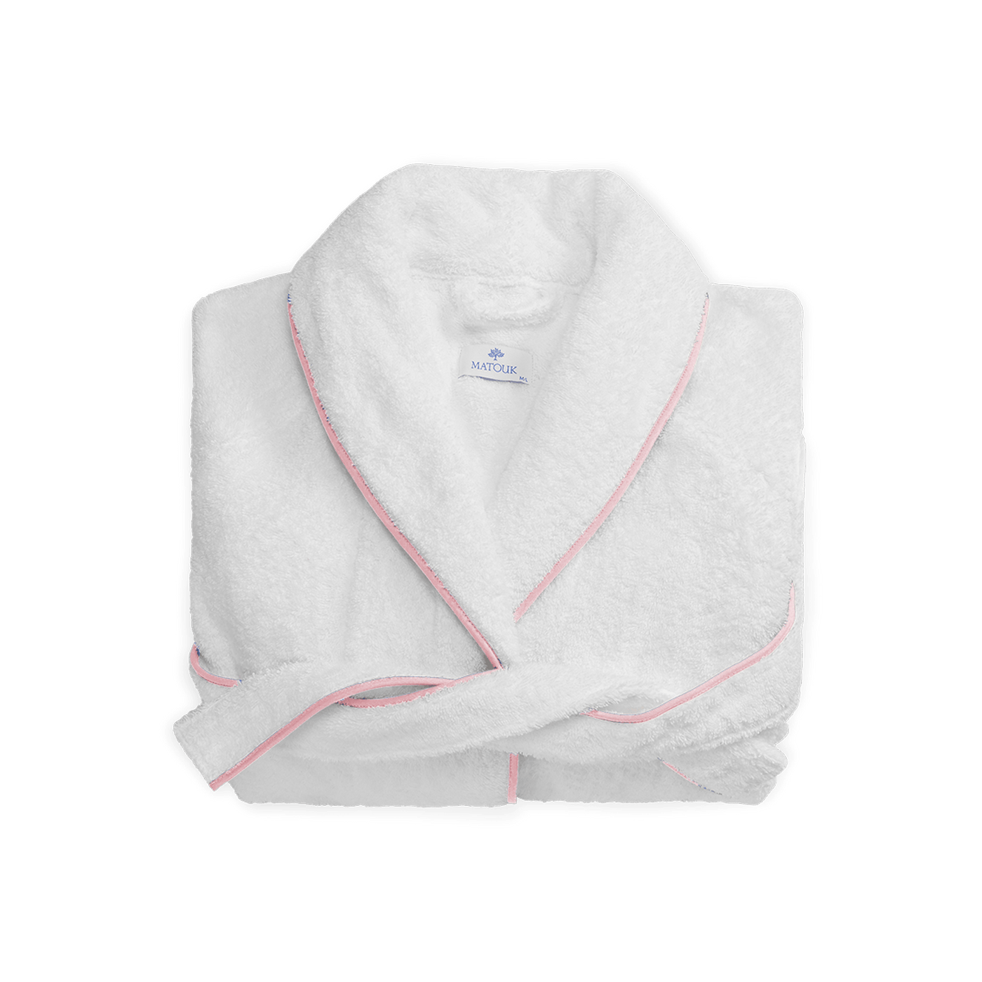 Close-up of white plush robe folded flat, pink piped trim along shawl collar.