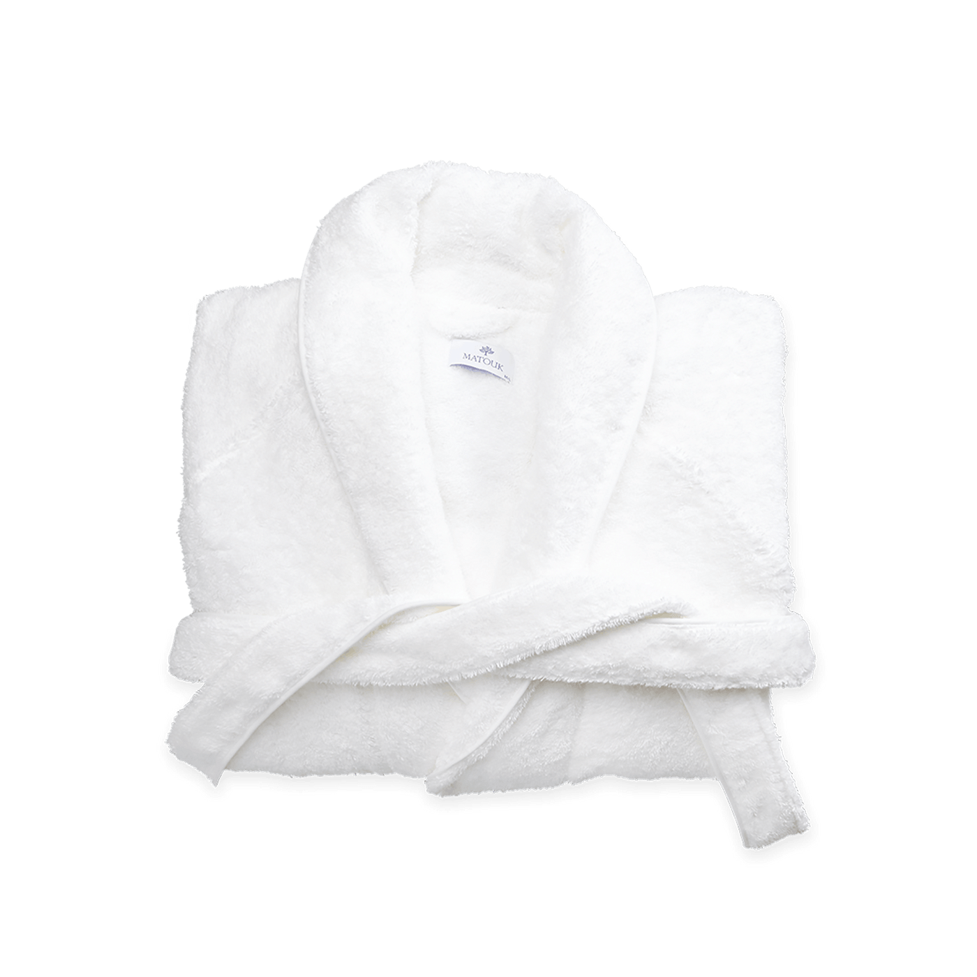 Close-up of folded white terry robe showing shawl collar and belted waist detail.