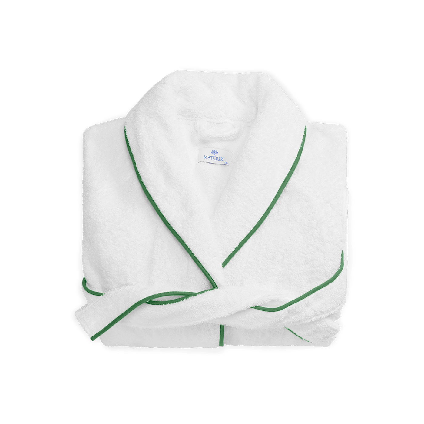 Close-up of folded white terry robe with emerald green piped trim along collar and lapels.