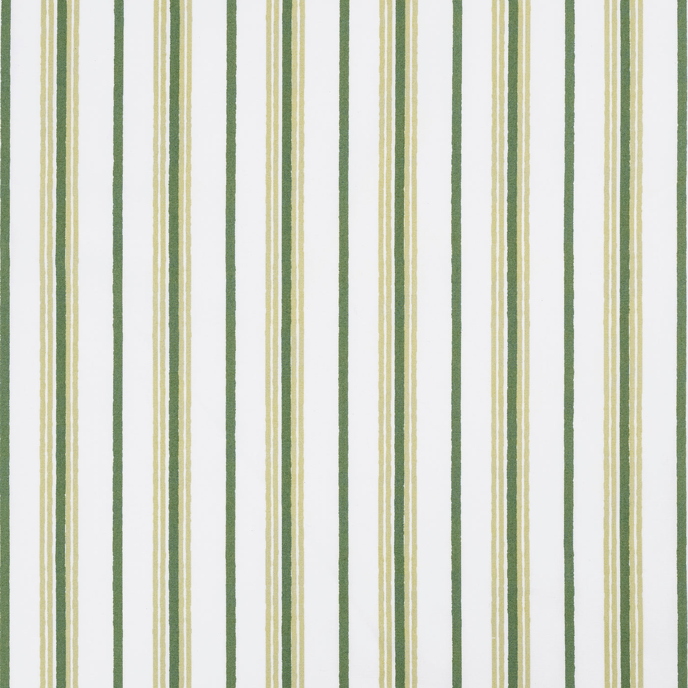 Close-up of green and chartreuse ticking stripe cotton fabric pattern.