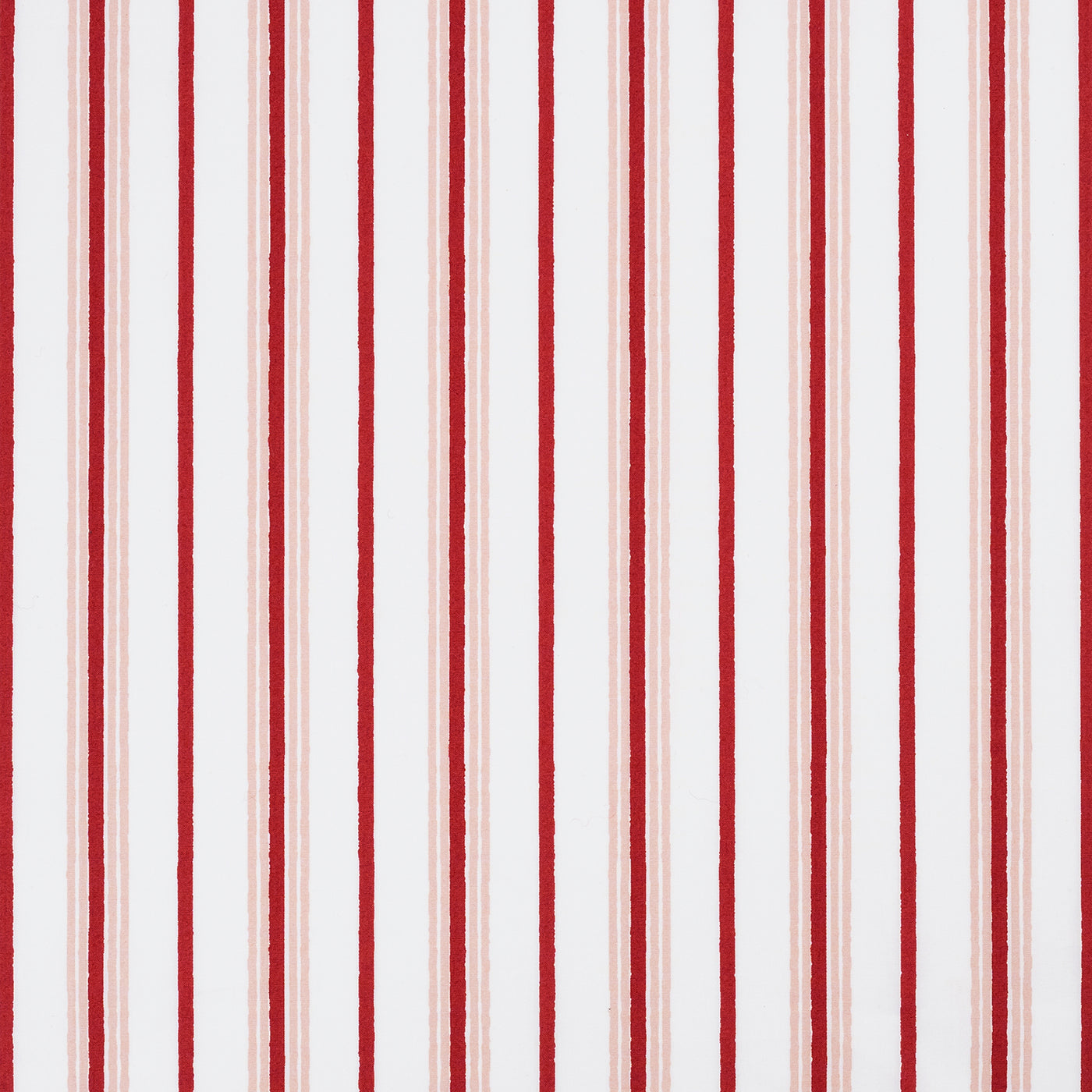 Close-up of crimson and blush vertical stripe pattern on white cotton fabric.