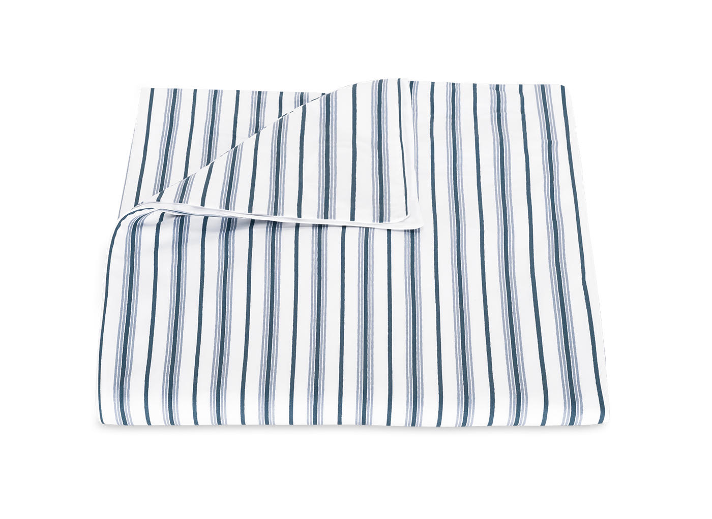 Matouk Calypso duvet cover in white with navy blue ticking stripes, neatly folded.