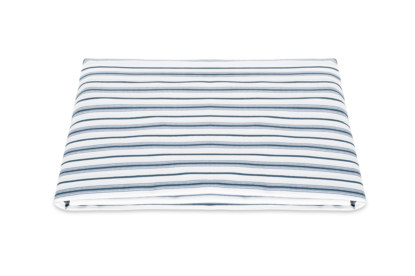 Matouk Calypso fitted sheet in white with navy blue narrow stripes, folded flat view.