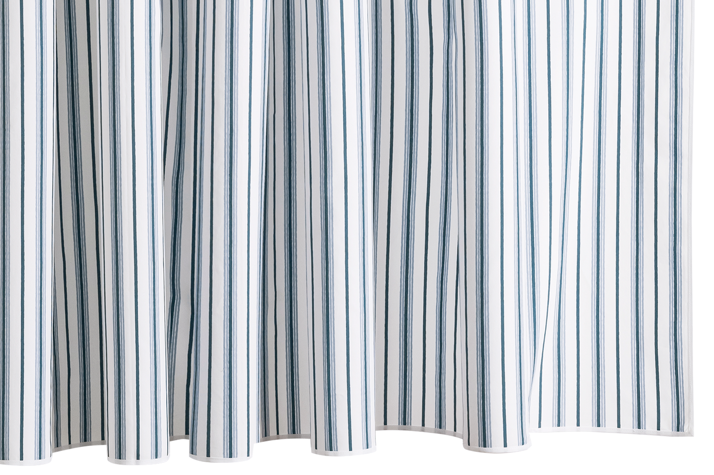 Matouk Calypso shower curtain in white with navy and blue woven stripes.