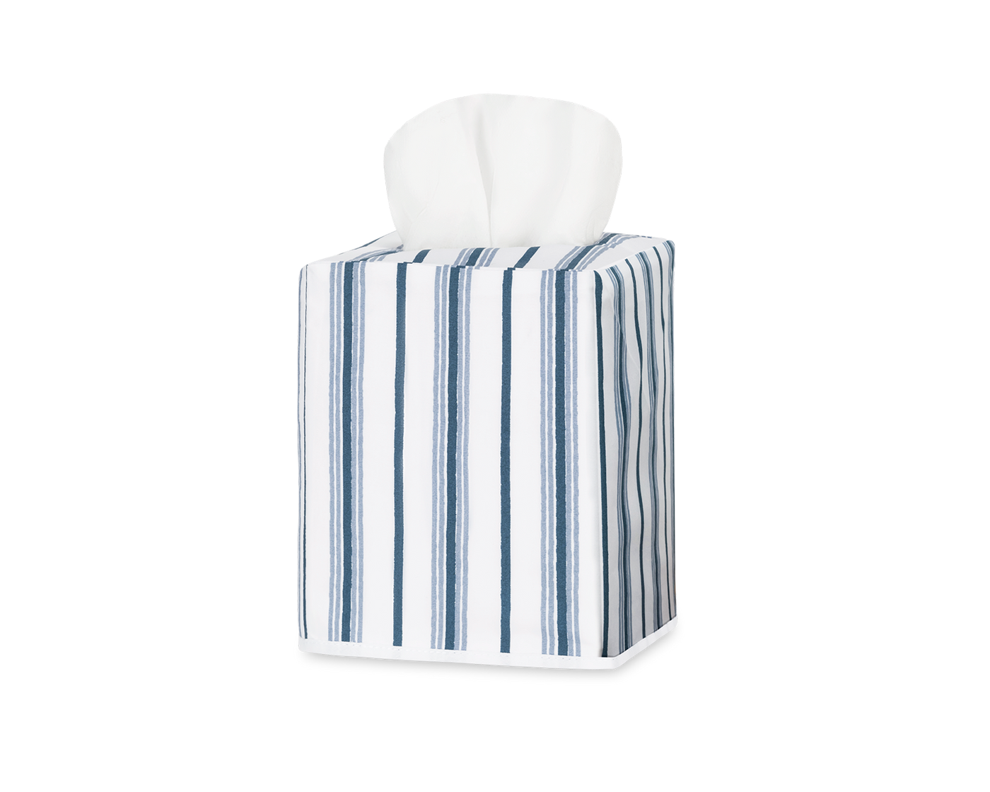 Matouk Calypso tissue box cover in navy and white vertical stripes.