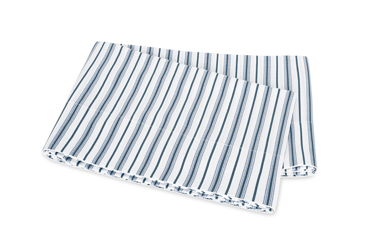 Matouk Calypso flat sheet in white with navy and slate blue stripes, folded flat.