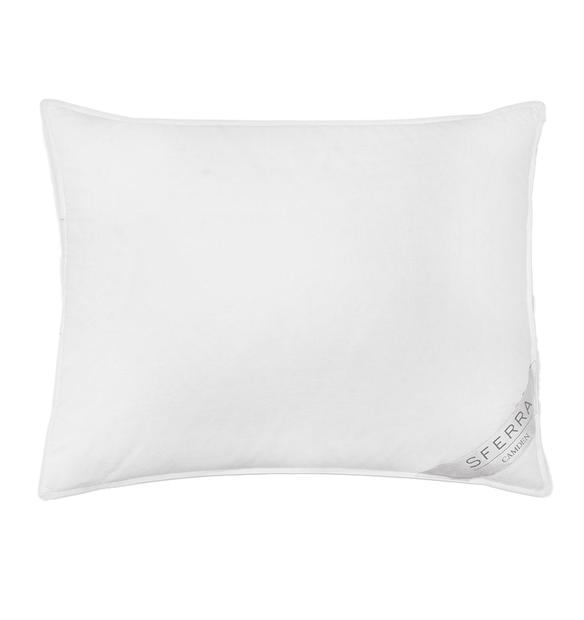 Sferra Camden white down pillow with logo detail, shown on white background.